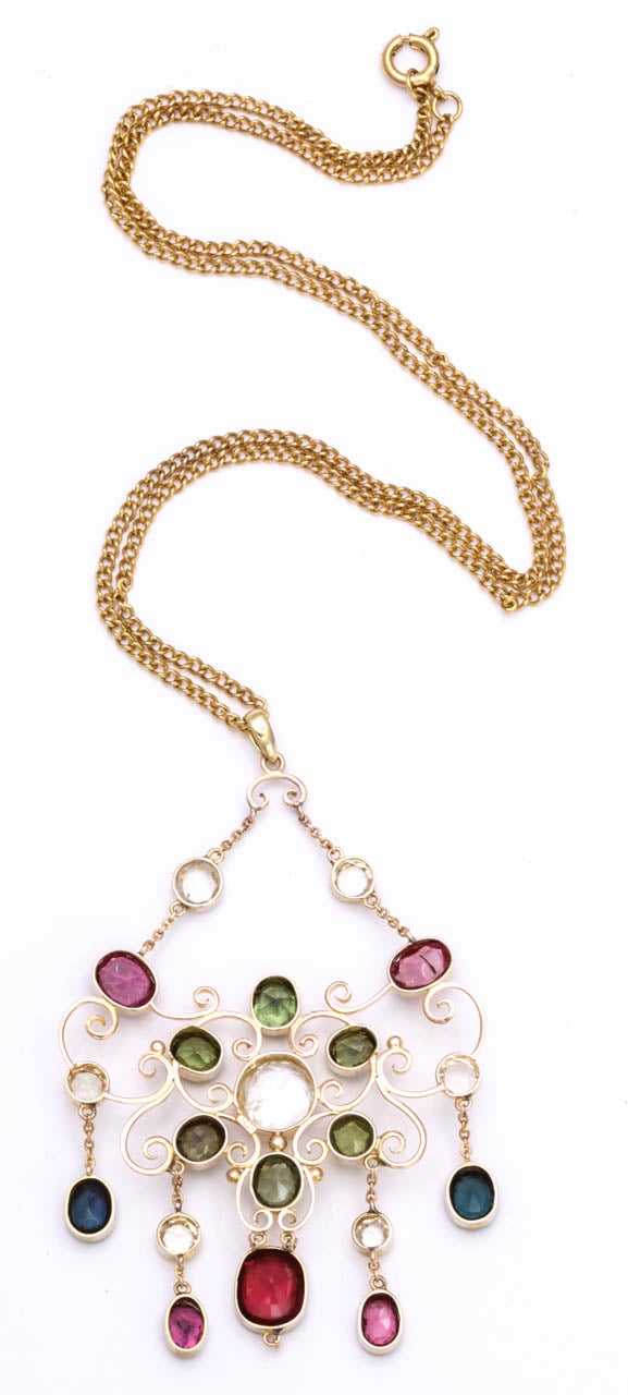 Oval Cut Antique Victorian Colored  Gem Gold Necklace For Sale