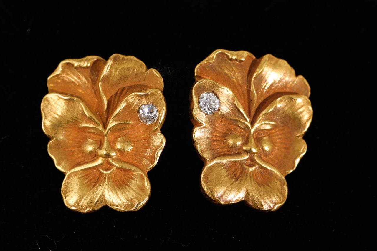 Women's or Men's Diamond Gold Pansy Floral Cufflinks For Sale