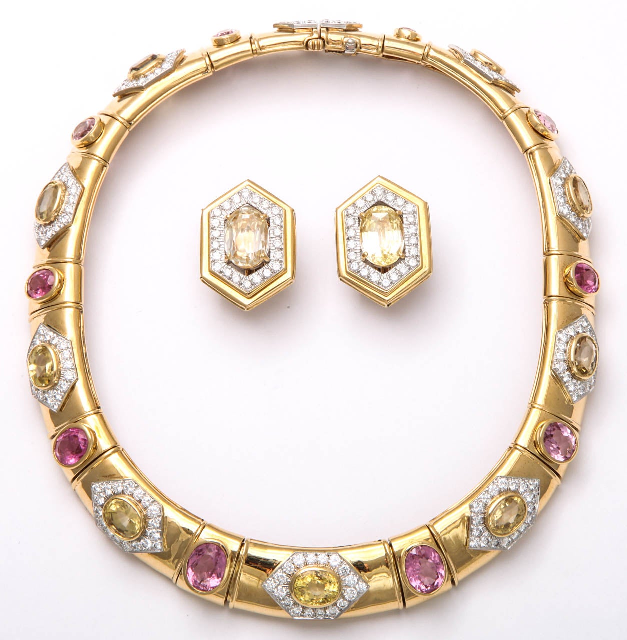 David Webb Sapphire Diamond Tourmaline Gold Platinum Necklace Earrings Set