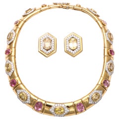 David Webb Sapphire Diamond Tourmaline Gold Platinum Necklace Earrings Set