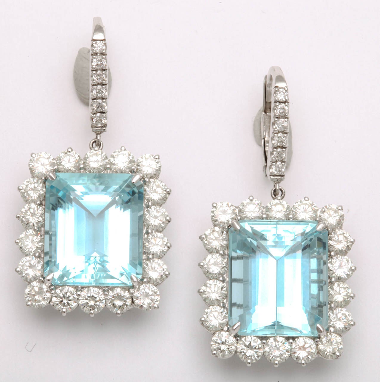 Diamond and Aquamarine Platinum Earrings.
5.42ct Diamonds approx. 
24ct Aquamarine approx. 
Length - 1 1/2