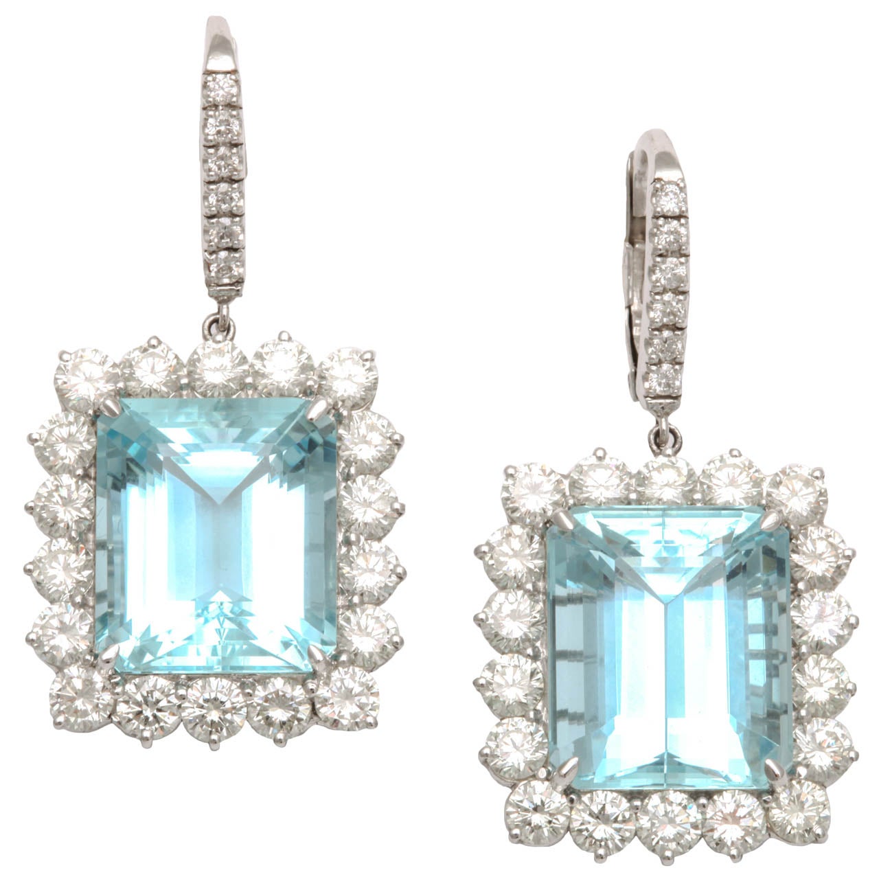 Diamond and Aquamarine Platinum Earrings For Sale