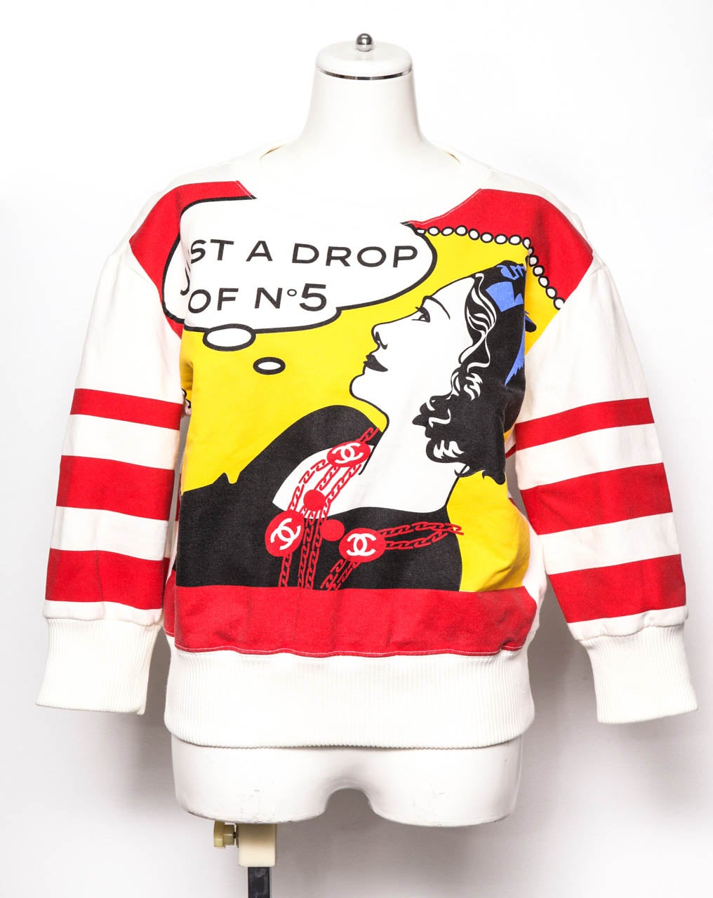 Chanel pop art print sweater features Coco Chanel.