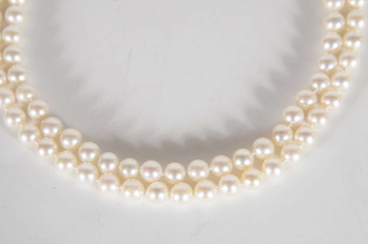Double Strand Pearls with Pearl Diamond Gold Clasp In Excellent Condition In New York, NY