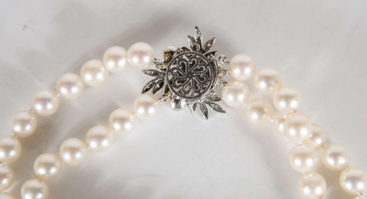 Women's Double Strand Pearls with Pearl Diamond Gold Clasp