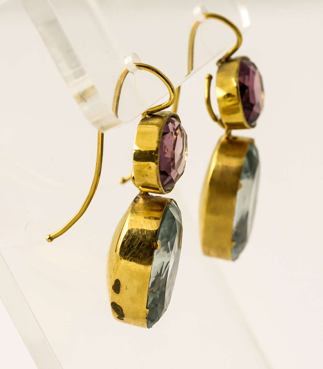 Foiled Amethyst and Aquamarine drop earrings in 15ct Gold