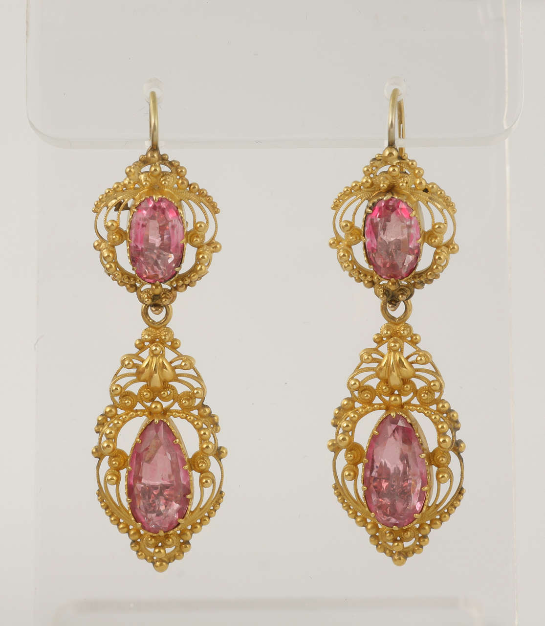 15ct Gold Regency pink Topaz earrings. Cannetaille set , foiled.