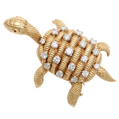 FrencH Gold And Diamond Whimsical Moveable Tortoise Brooch