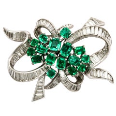 Emerald Diamond Platinum Ribbon Brooch