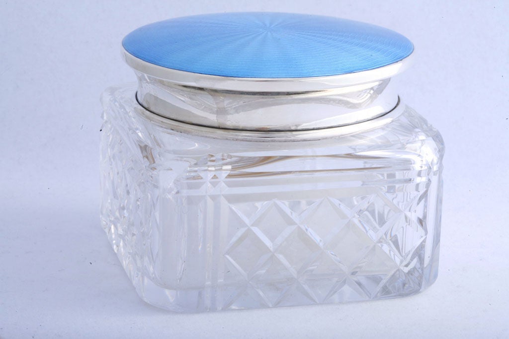 Sterling Silver, Blue Guilloche Enamel and Crystal Powder Jar
