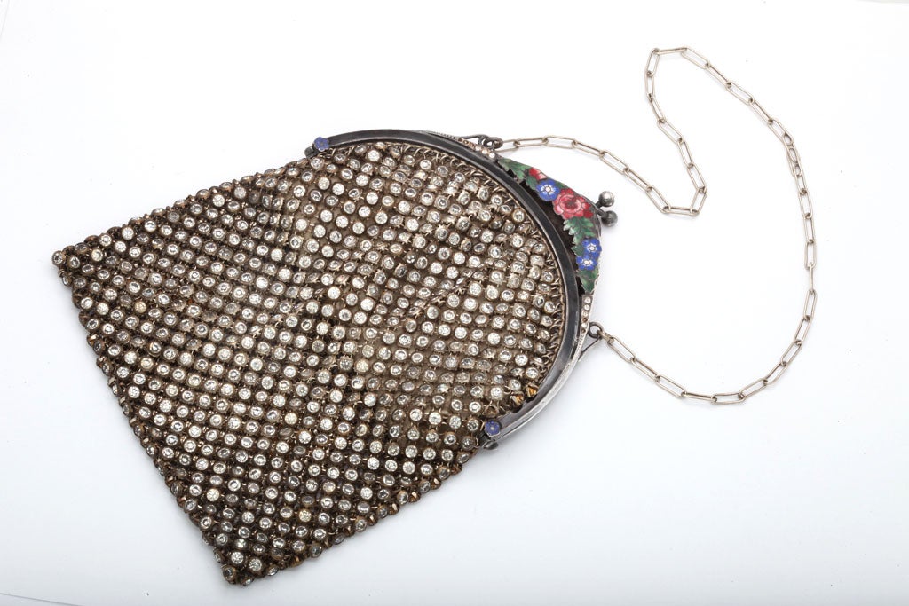 A fabulous Art Deco evening bag with enamel on silver with paste stones embedded in mesh
