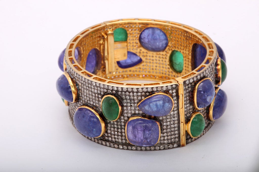 Women's Bold Pave Diamond Bangle with Cabochon Tanzanites and Emeralds For Sale