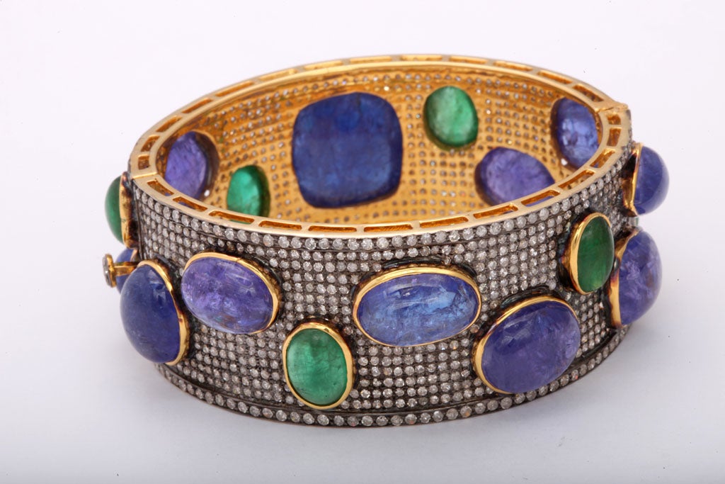 Bold Pave Diamond Bangle with Cabochon Tanzanites and Emeralds For Sale 1