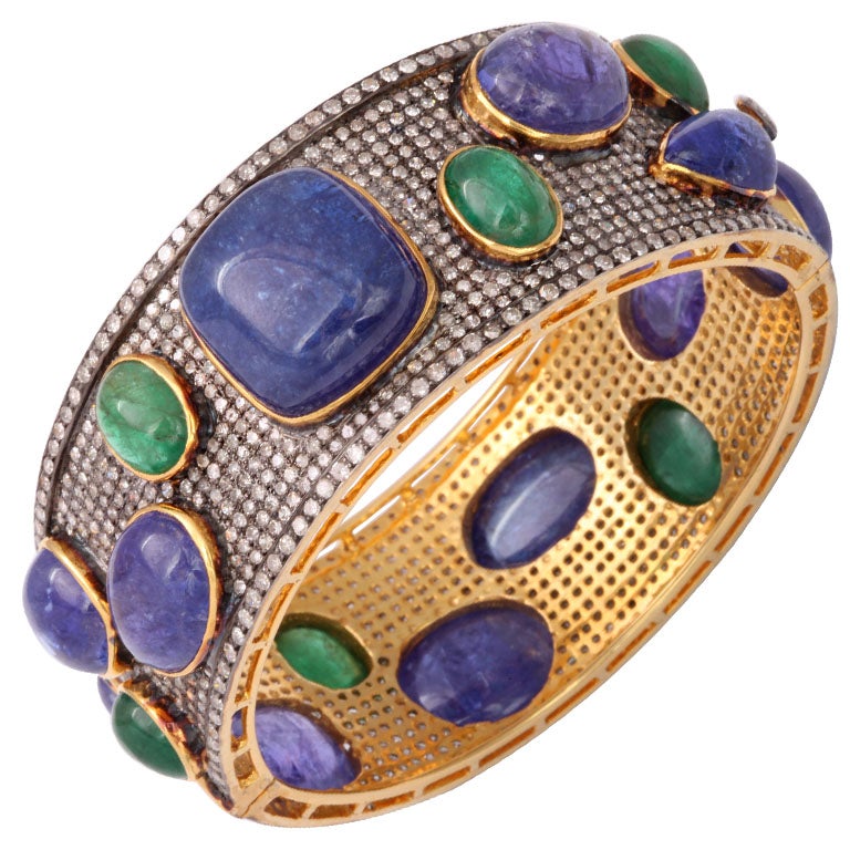 Bold Pave Diamond Bangle with Cabochon Tanzanites and Emeralds For Sale