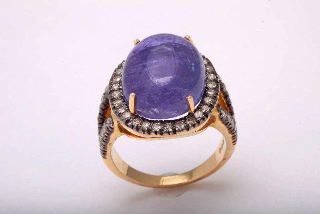 15 Carat Cabochon Tanzanite Ring in Diamond Frame Mounting