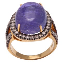 15 Carat Cabochon Tanzanite Ring in Diamond Frame Mounting