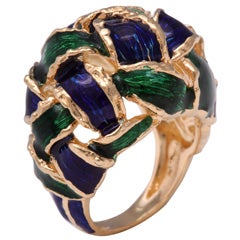 1960s Moderne Woven Green and Blue Enamel Gold Dome Ring