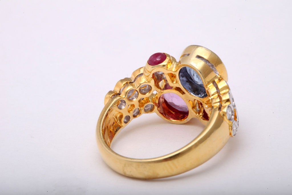 Pink and Blue Sapphire Gold Crossover Ring with Diamonds and Ruby Accents 2