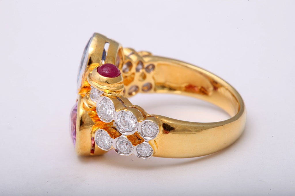 Pink and Blue Sapphire Gold Crossover Ring with Diamonds and Ruby Accents 3