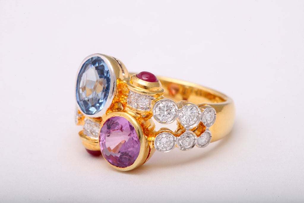 Pink and Blue Sapphire Gold Crossover Ring with Diamonds and Ruby Accents 4