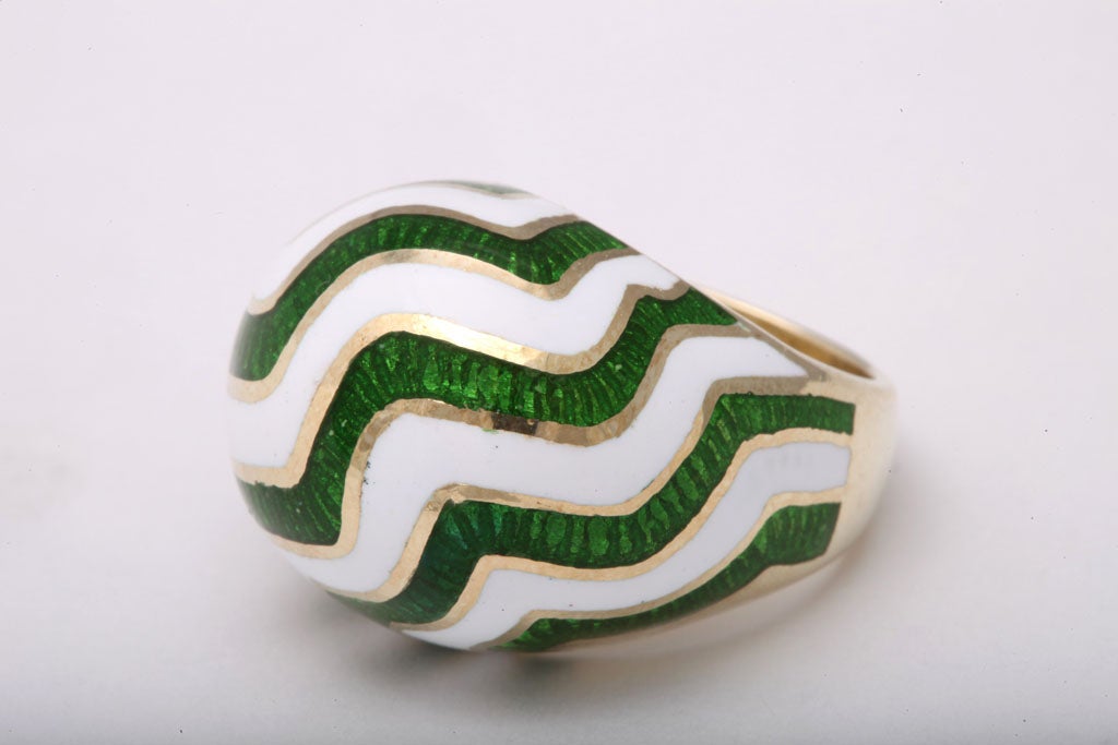 Martine Green and White Striped Enamel Gold Ring For Sale 1