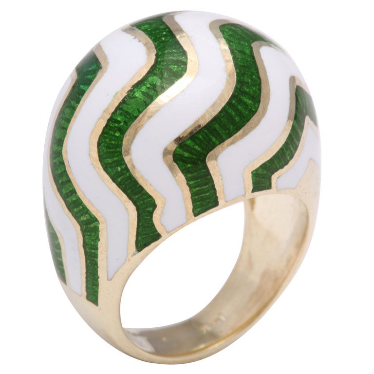 Martine Green and White Striped Enamel Gold Ring For Sale