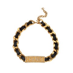 Vintage Chanel Rare Logo Plate ID Choker Necklace with Rhinestones