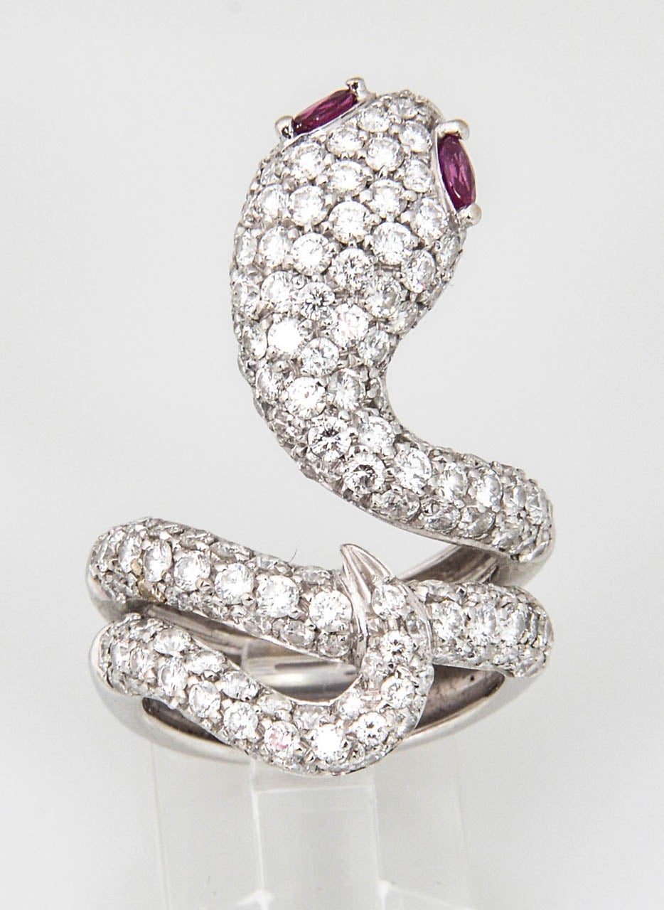 Impressive Ruby Pave Diamond Gold Snake Ring  4