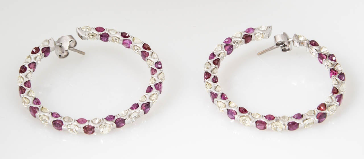 Large Ruby Diamond White Gold Hoops For Sale 1
