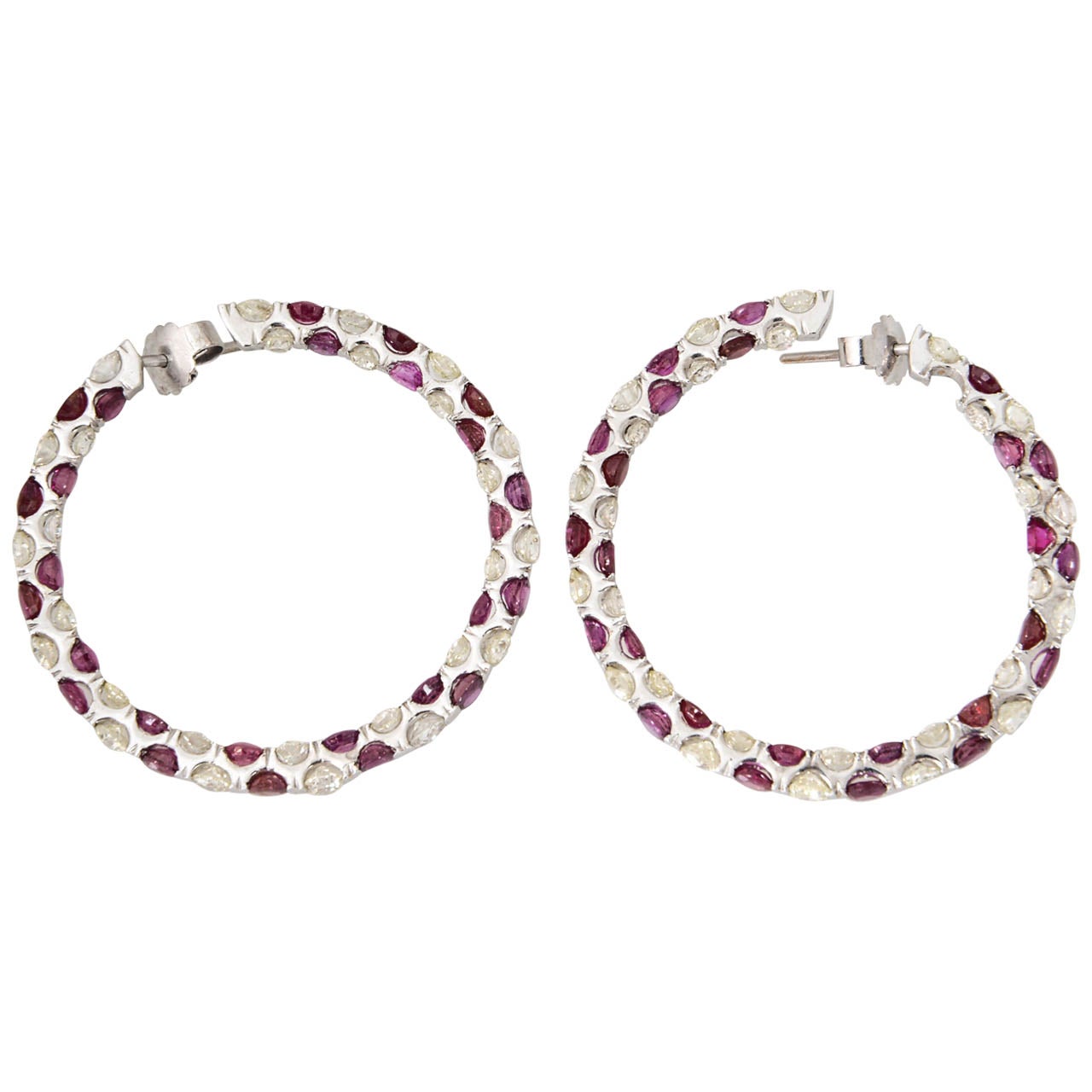 Round Cut Large Ruby Diamond White Gold Hoops For Sale