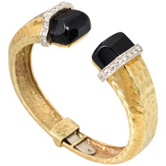 Vintage 60s Onyx Diamond Textured Gold Cuff Bracelet