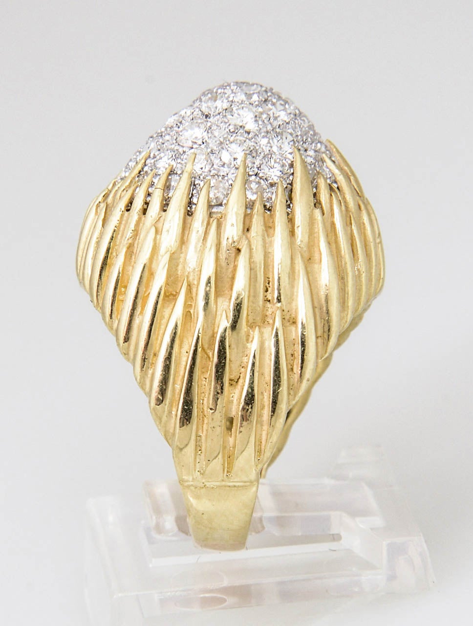 1960s-1970s Pave Diamond Gold Floral Design Dome Ring 1