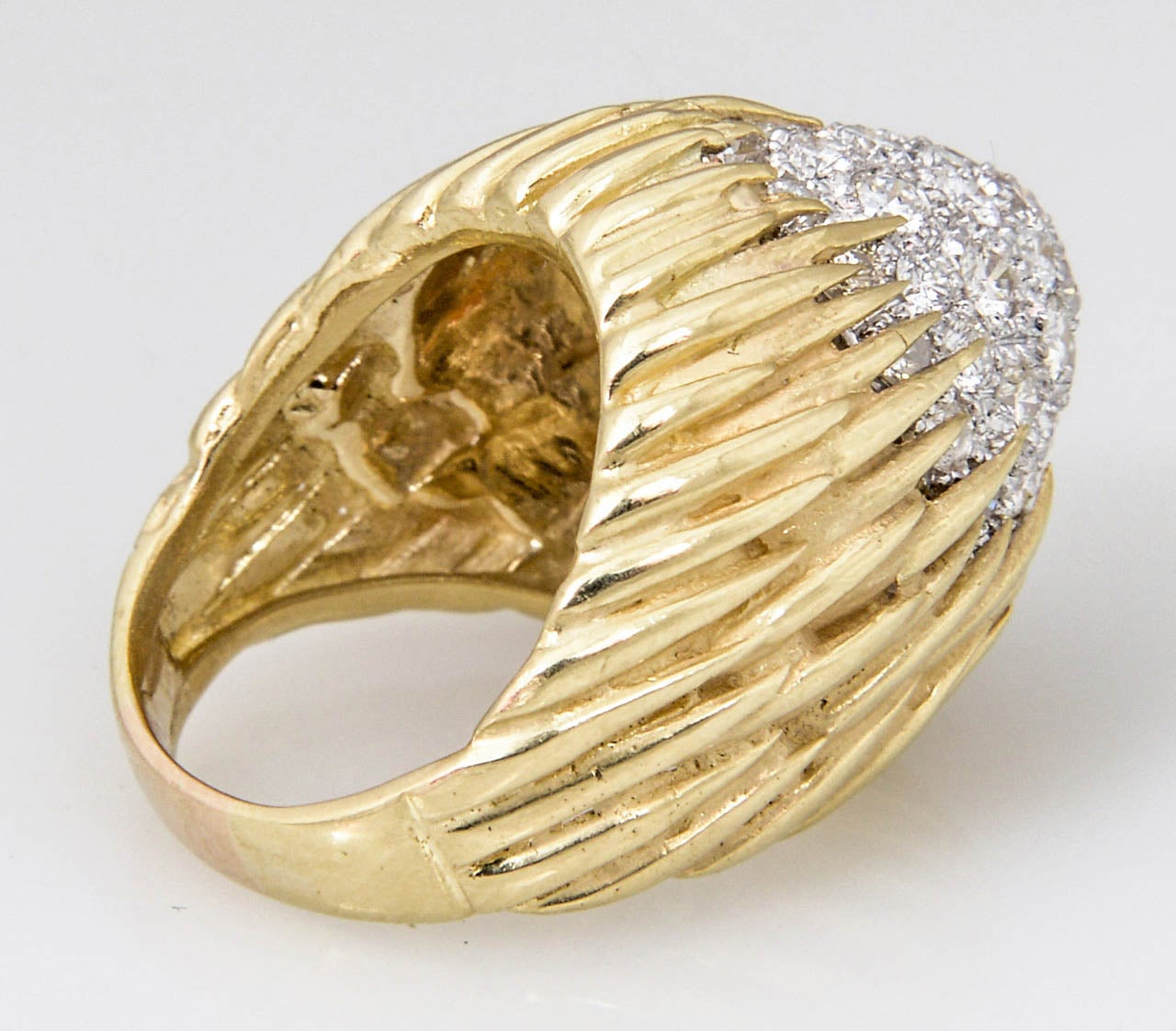 1960s-1970s Pave Diamond Gold Floral Design Dome Ring 2