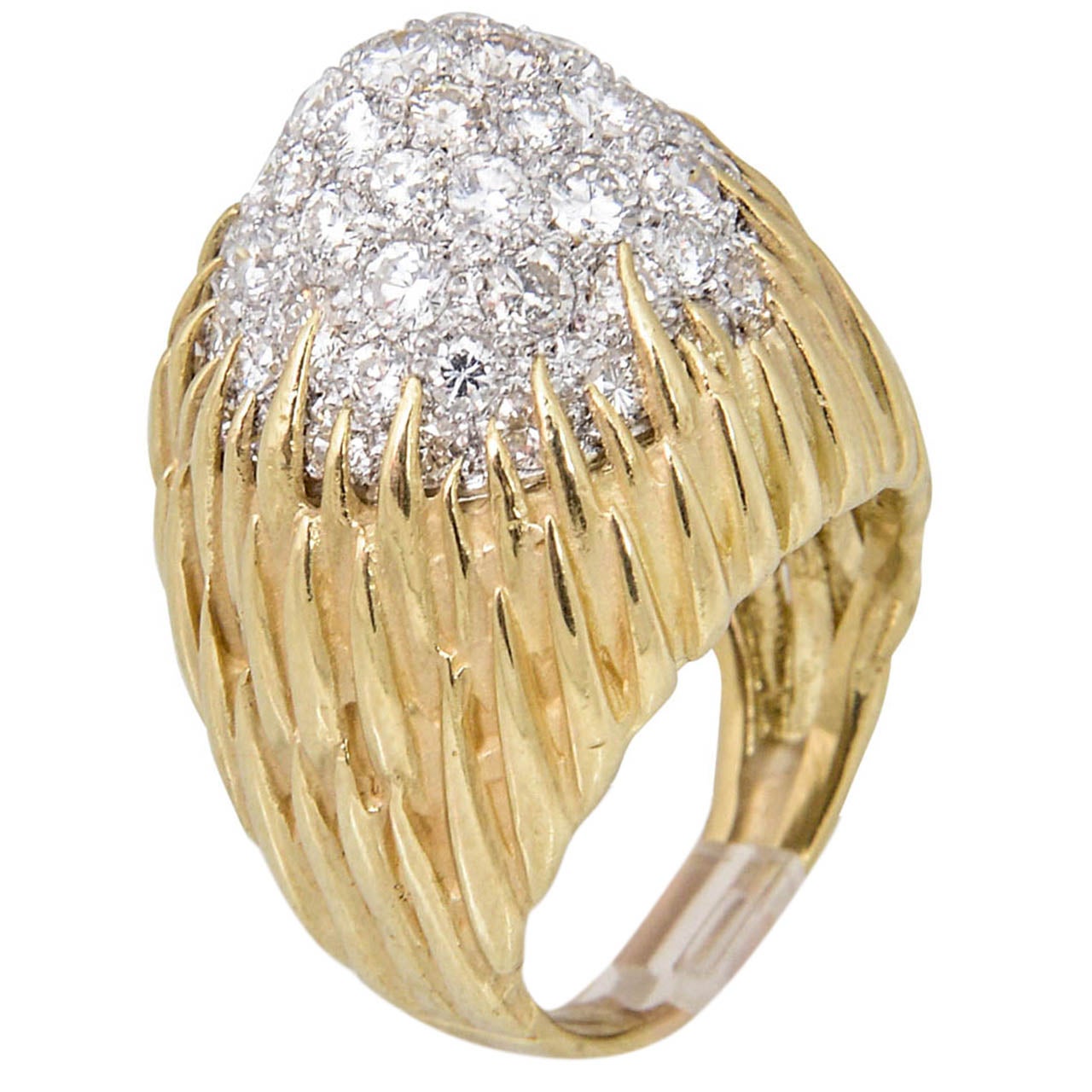 1960s-1970s Pave Diamond Gold Floral Design Dome Ring
