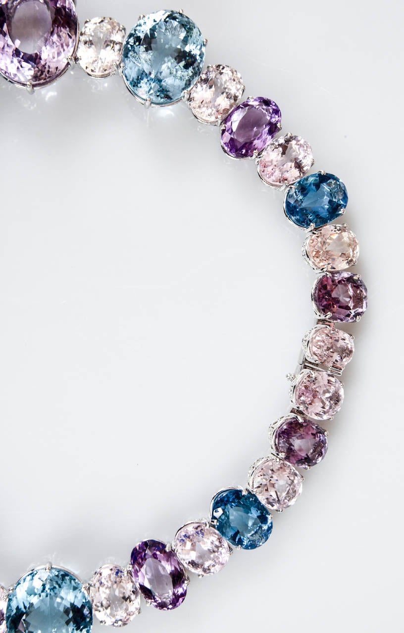 Women's Impressive Large Amethyst, Blue Topaz, Morganite and White Gold Necklace