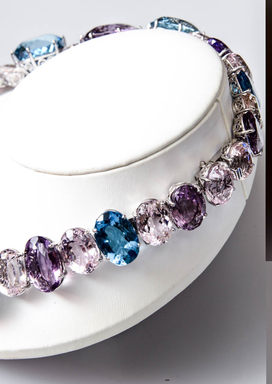 Impressive Large Amethyst, Blue Topaz, Morganite and White Gold Necklace 2