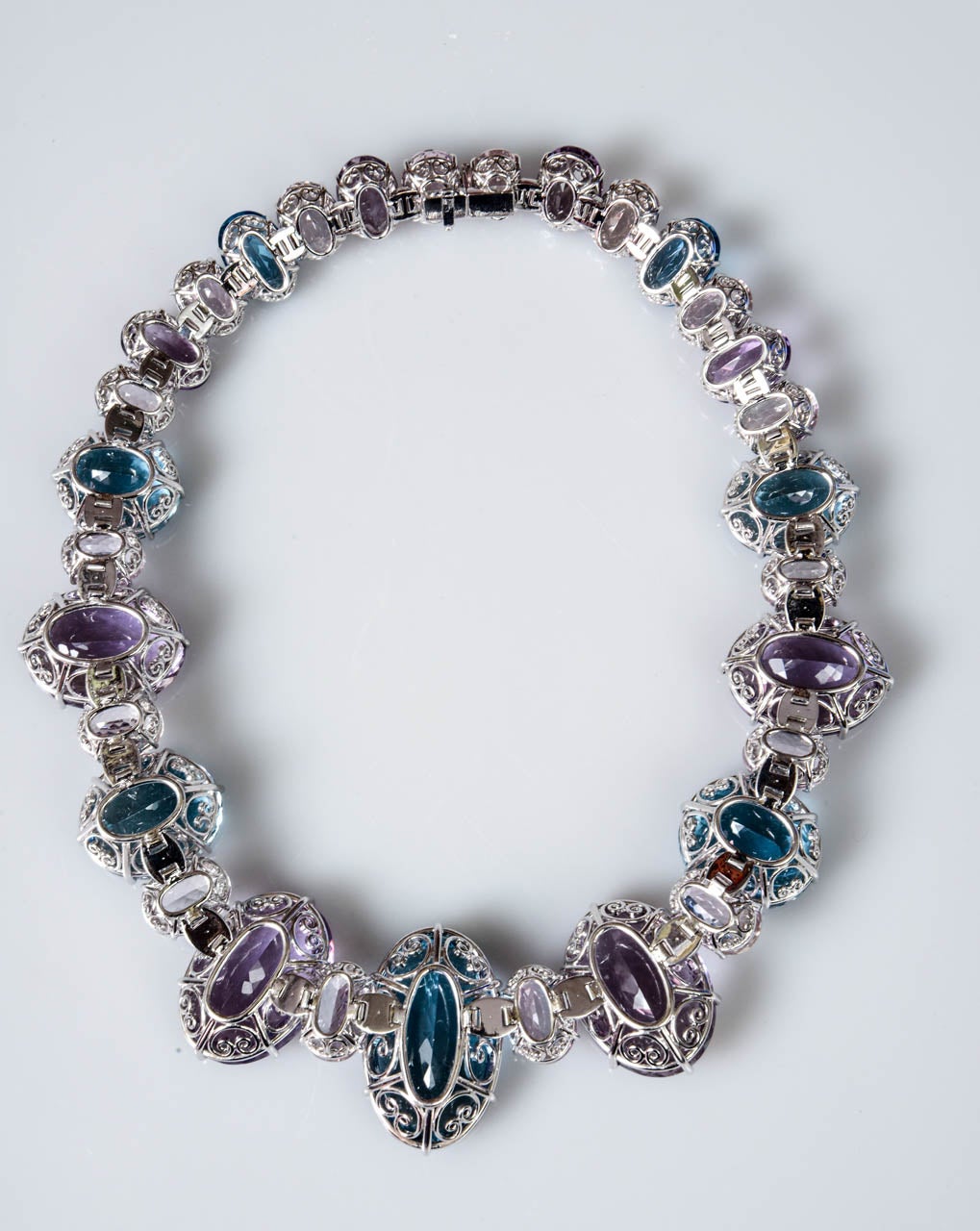 Impressive Large Amethyst, Blue Topaz, Morganite and White Gold Necklace 3