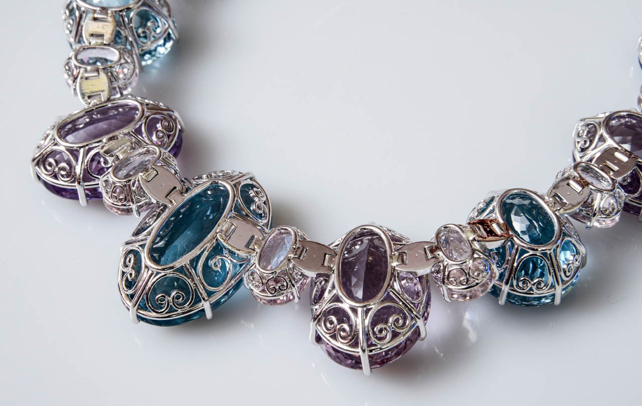 Impressive Large Amethyst, Blue Topaz, Morganite and White Gold Necklace 4