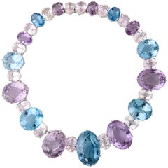 Impressive Large Amethyst, Blue Topaz, Morganite and White Gold Necklace