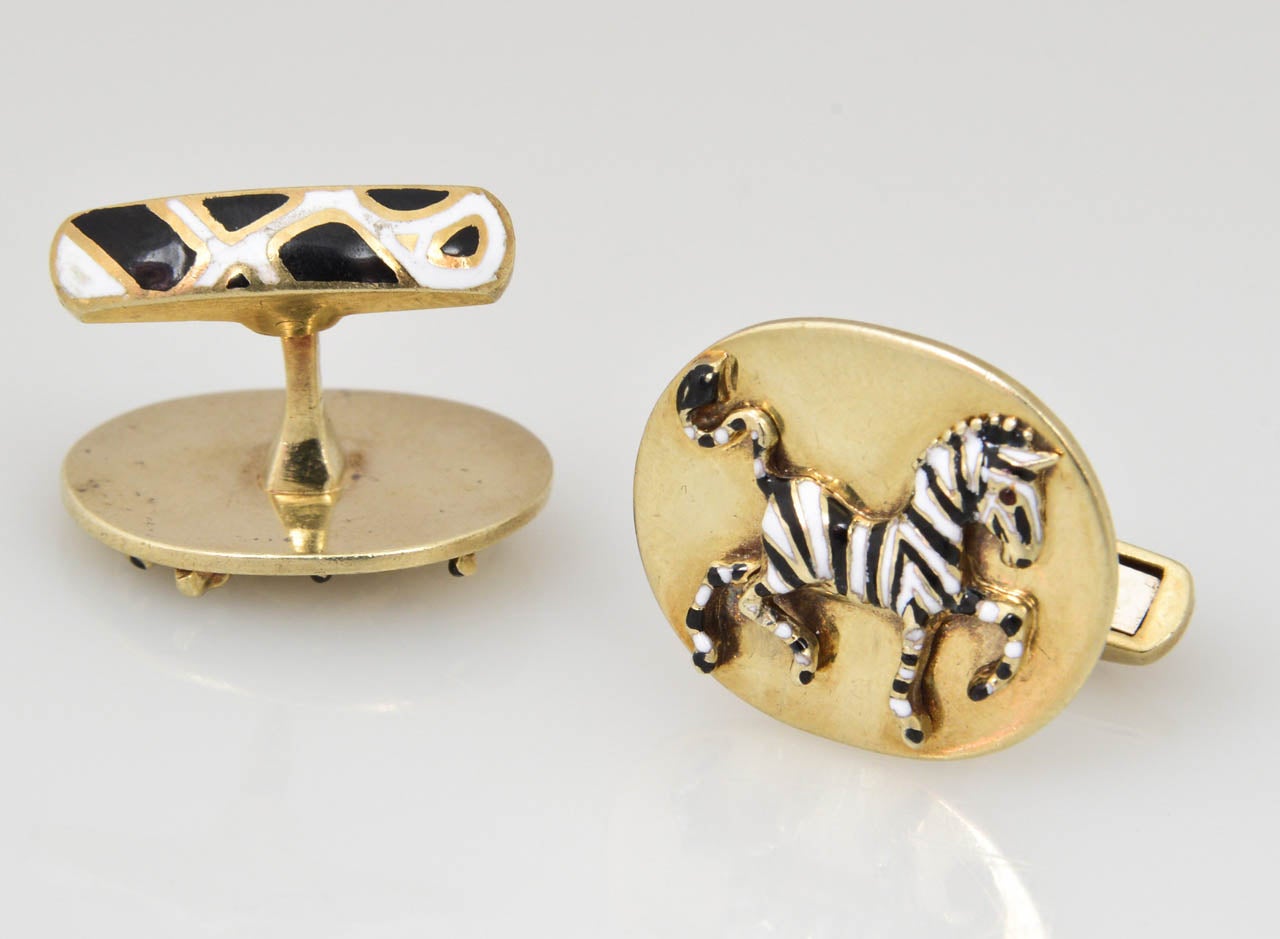 Rare Laykin Zebra Enamel Gold Cufflinks For Sale 1