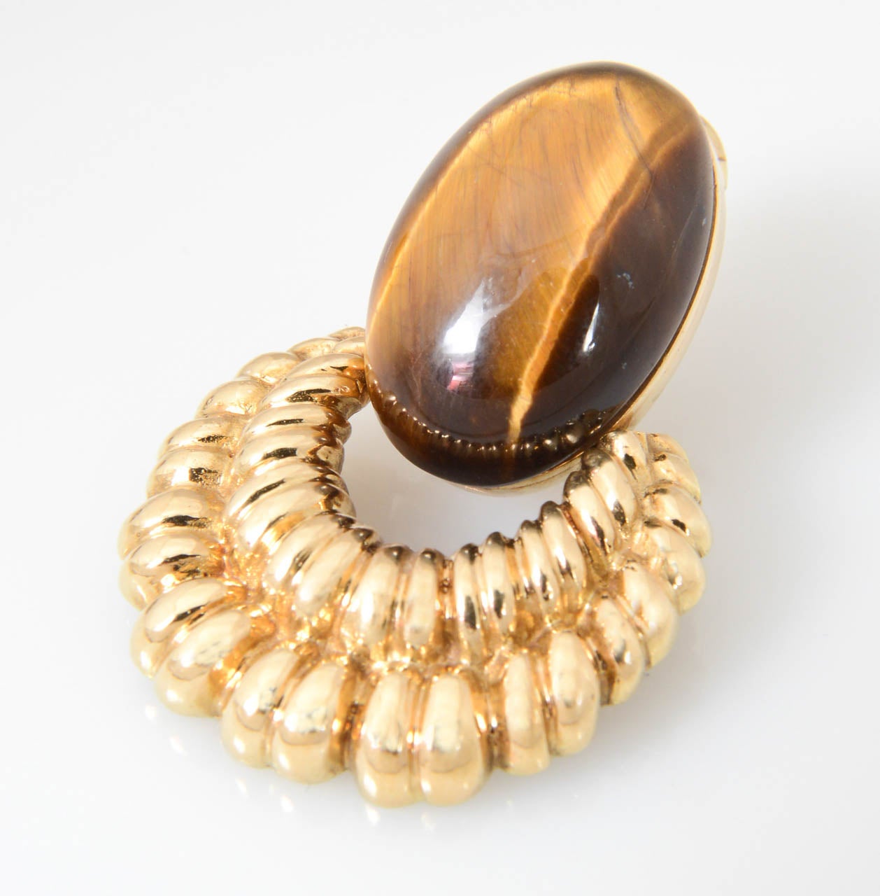 Mod WANDER Large Tiger's Eye Ribbed Gold Earrings 2