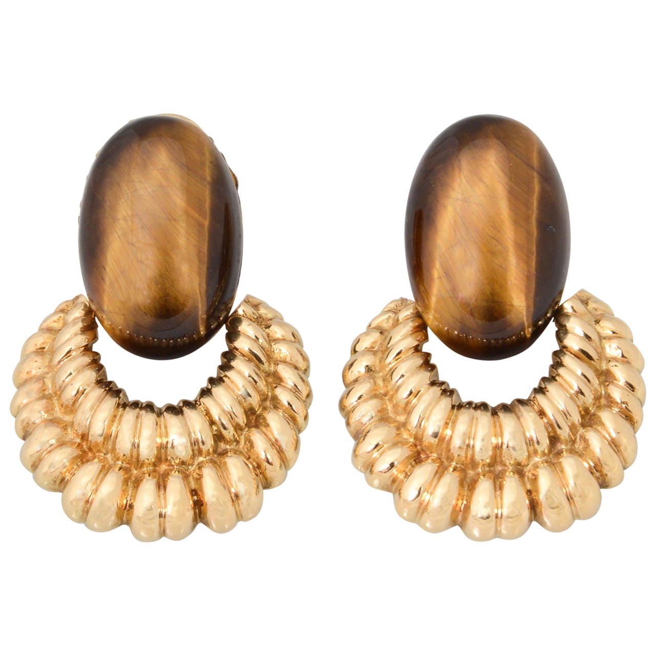 Mod WANDER Large Tiger's Eye Ribbed Gold Earrings