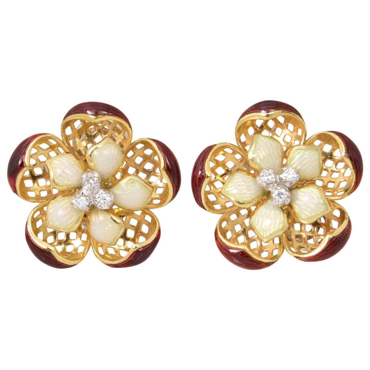 Midcentury Red and Cream Enamel Gold Flower Earrings For Sale