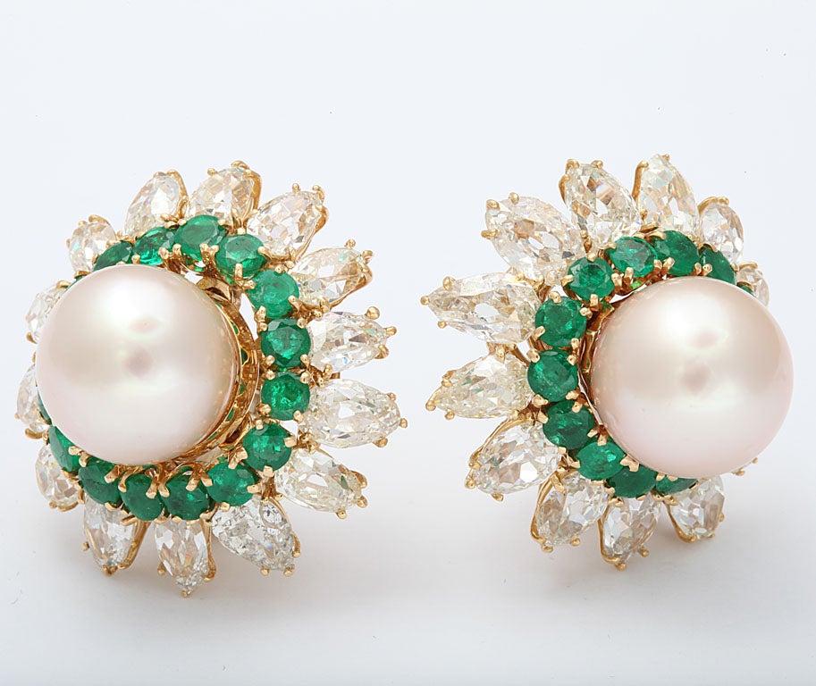 Pearl Emerald Diamond Earrings For Sale at 1stDibs