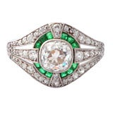 Art Deco Emerald Diamond platinum engagement Ring