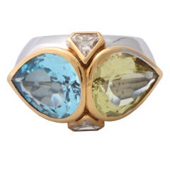 Dramatic Yellow and Blue Topaz and Diamond RIng 7