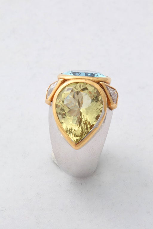 Dramatic Yellow and Blue Topaz and Diamond RIng
