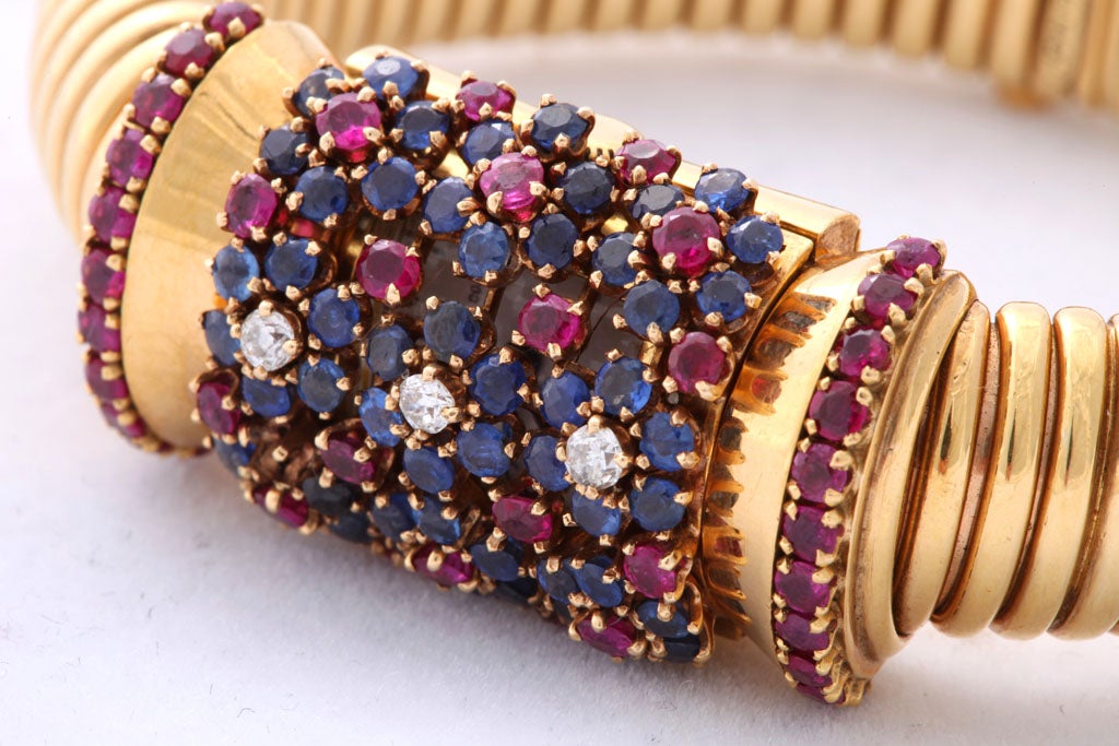 Women's John Rubel Gold, Ruby, Diamond and Sapphire Bracelet Watch with Concealed Dial For Sale