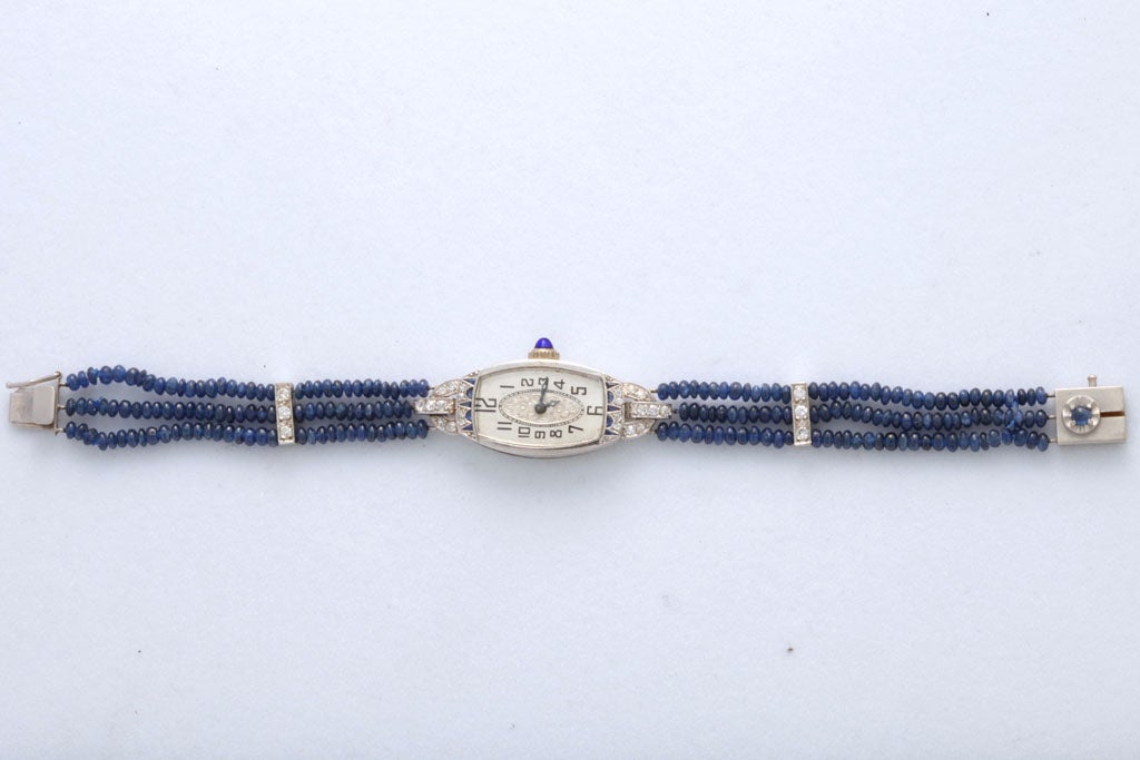 Ladies White Gold Diamond Sapphire Art Deco Wristwatch, 1924 In Good Condition In Miami Beach, FL
