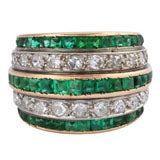 Retro Pink Gold Diamond and Emerald Dome Ring Retro Pink Gold Diamond and Emerald Dome Ring